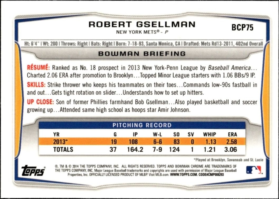 2014 Bowman Chrome Robert Gsellman #BCP75 baseball trading card back