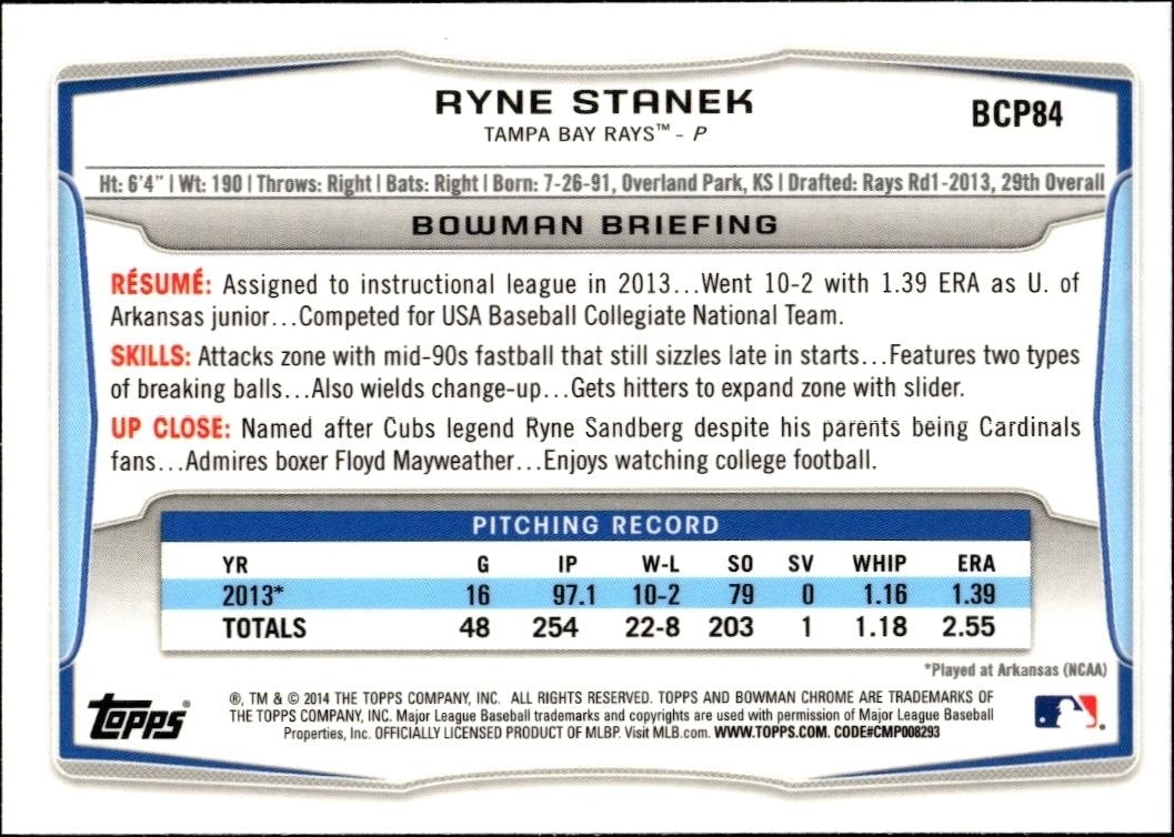 2014 Bowman Chrome Ryne Stanek #BCP84 baseball trading card back