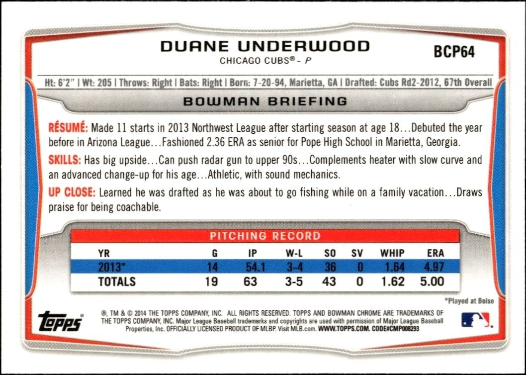 2014 Bowman Chrome Duane Underwood #BCP64 baseball trading card back