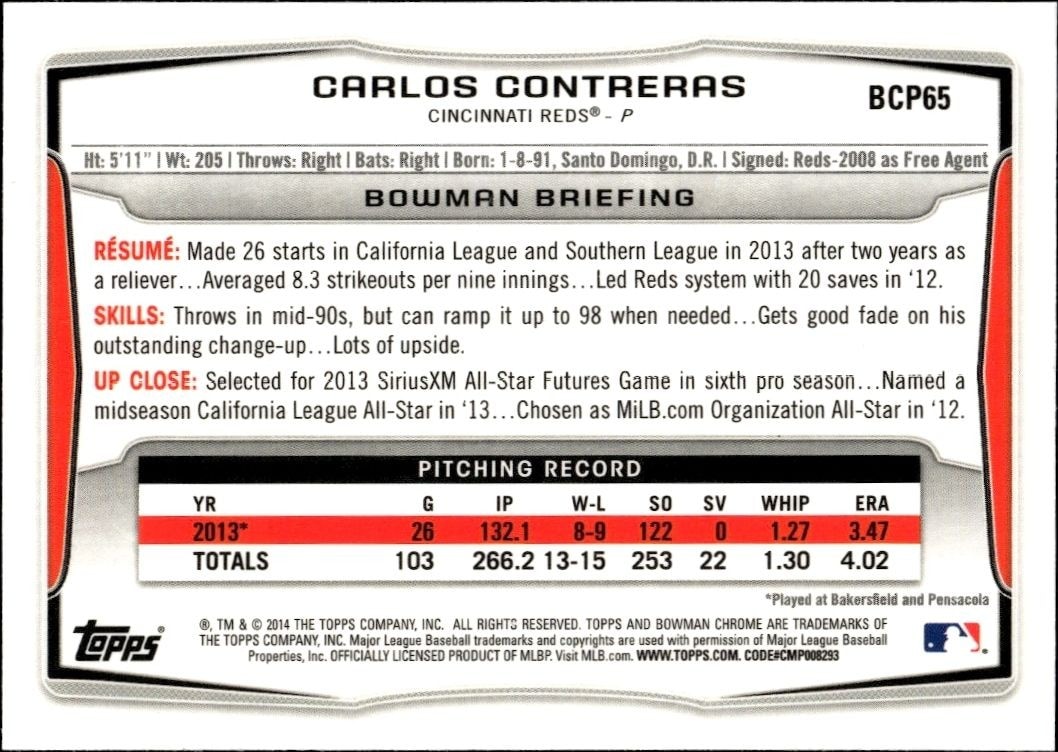 2014 Bowman Chrome Carlos Contreras #BCP65 baseball trading card back