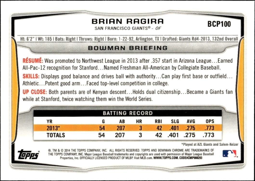 2014 Bowman Chrome Brian Ragira #BCP100 baseball trading card back