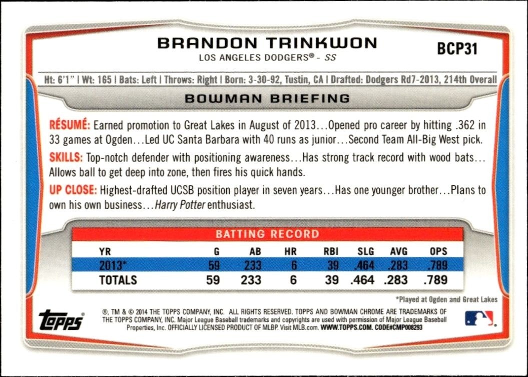 2014 Bowman Chrome Brandon Trinkwon #BCP31 baseball trading card back