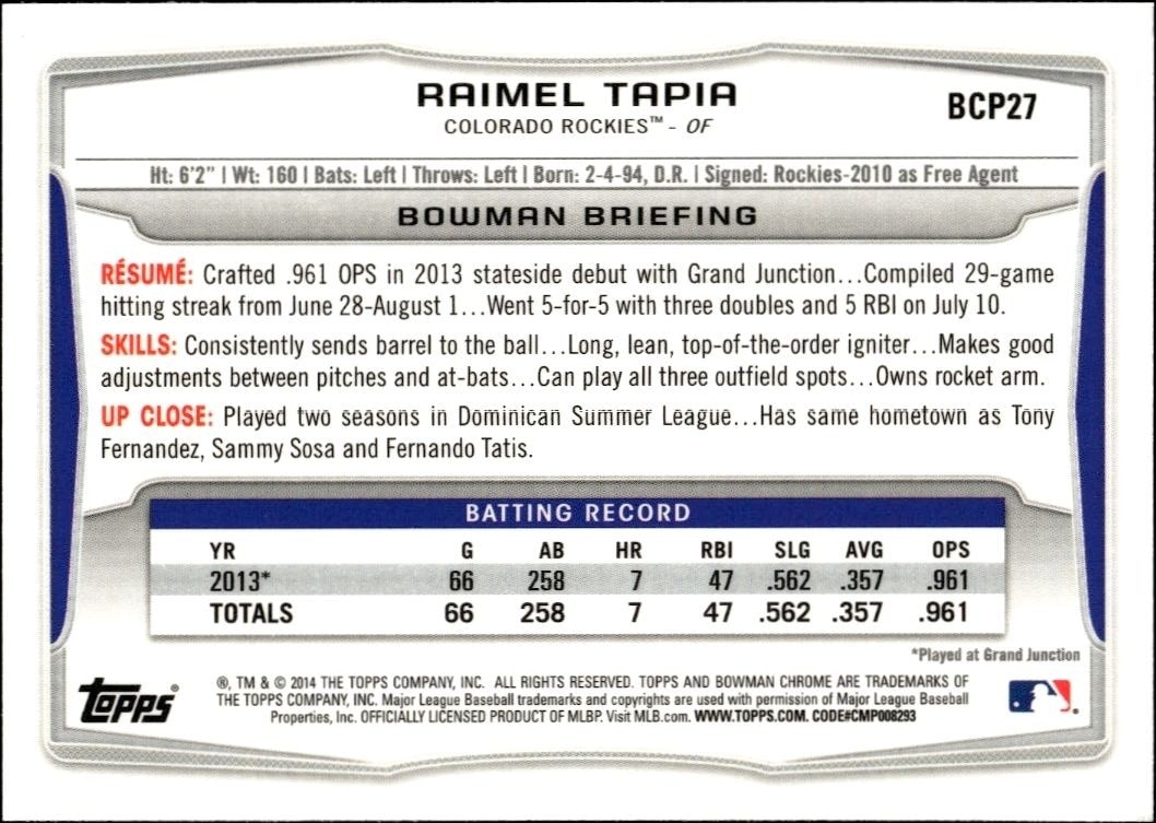 2014 Bowman Chrome Raimel Tapia #BCP27 baseball trading card back