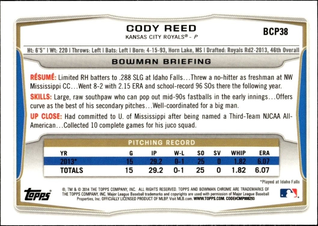 2014 Bowman Chrome Cody Reed #BCP38 baseball trading card back