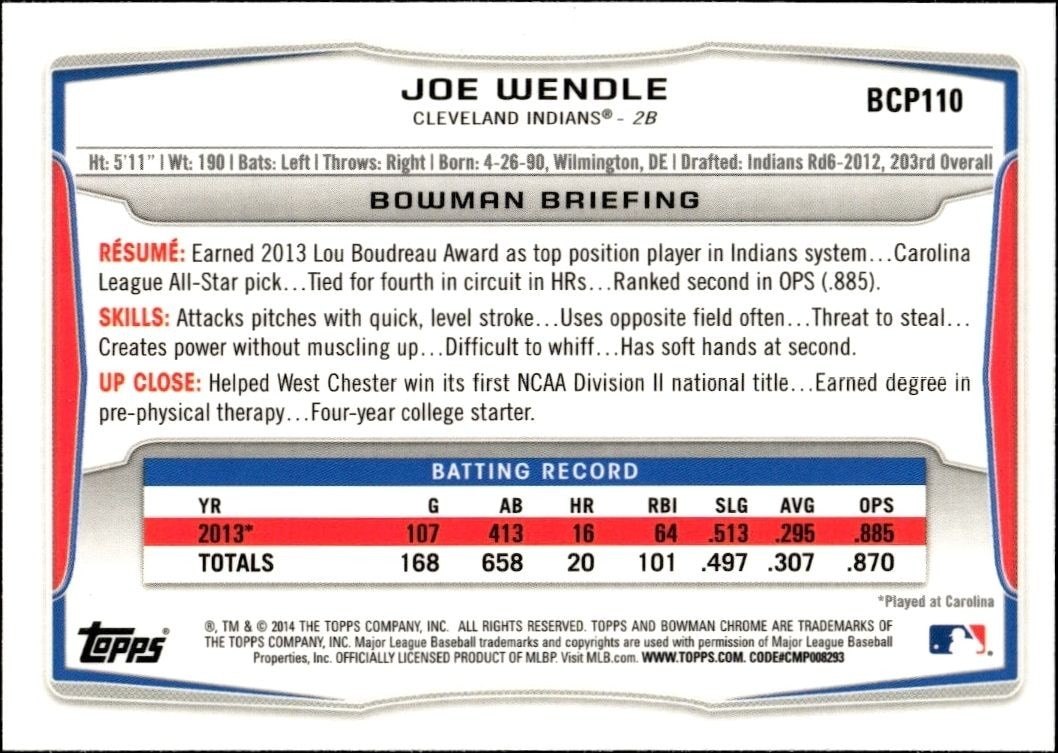 2014 Bowman Chrome Joe Wendle #BCP110 baseball trading card back