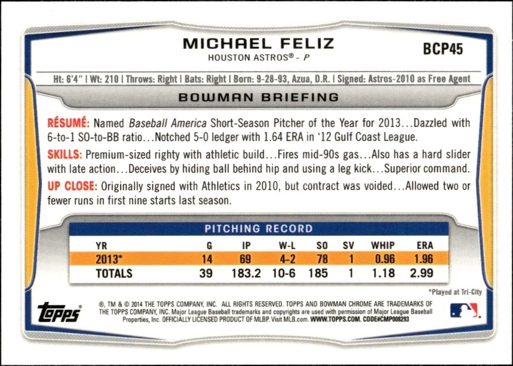 2014 Bowman Chrome Michael Feliz #BCP45 baseball trading card back