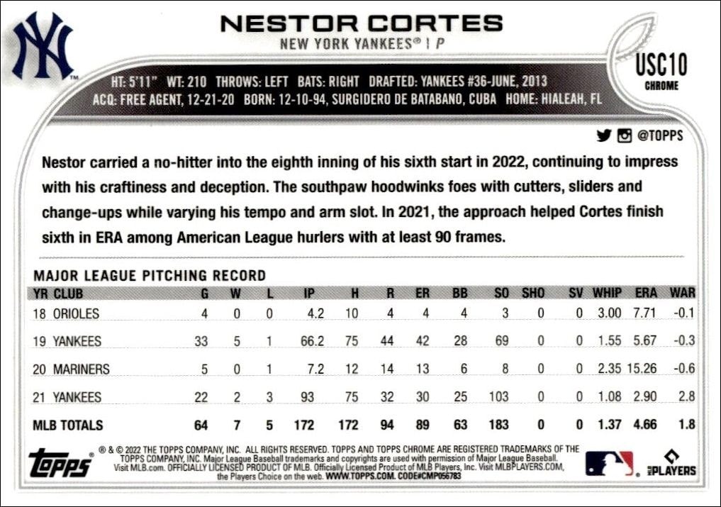 2022 Topps Chrome Update Nestor Cortes #USC10 baseball trading card back