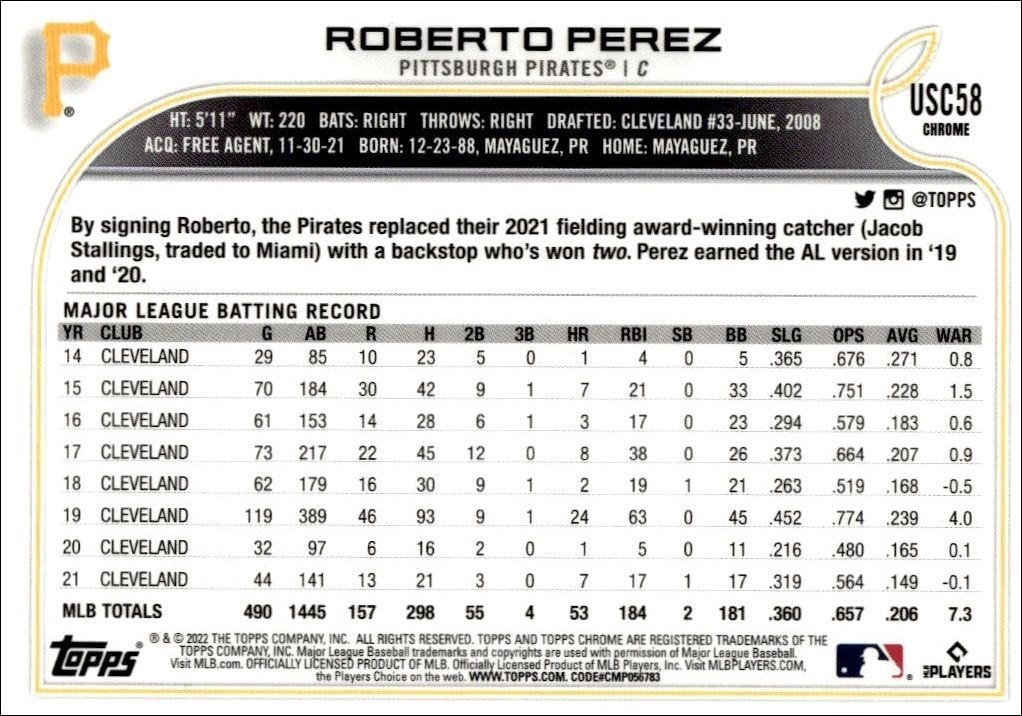 2022 Topps Chrome Update Roberto Perez #USC58 baseball trading card back