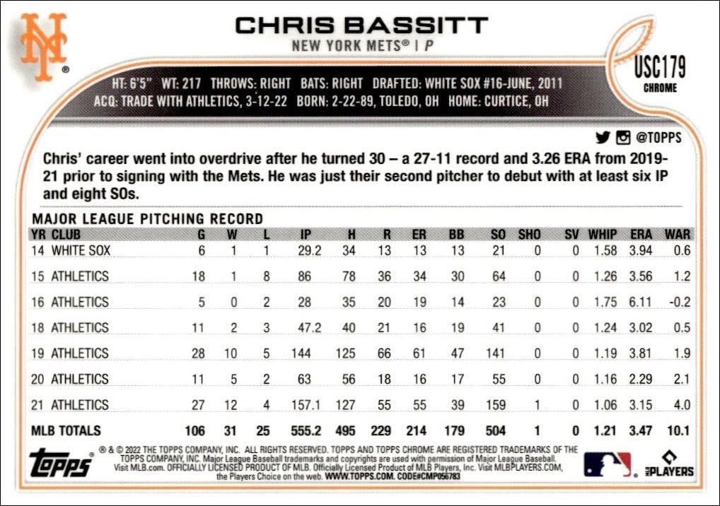 2022 Topps Chrome Update Chris Bassitt #USC179 baseball trading card back