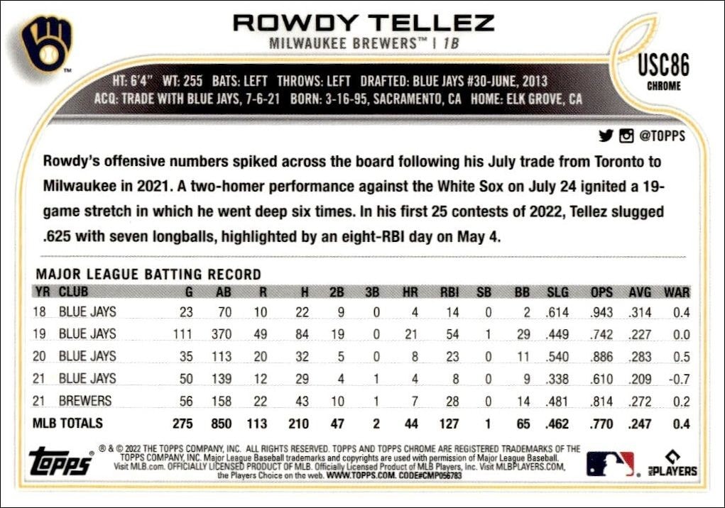 2022 Topps Chrome Update Rowdy Tellez #USC86 baseball trading card back