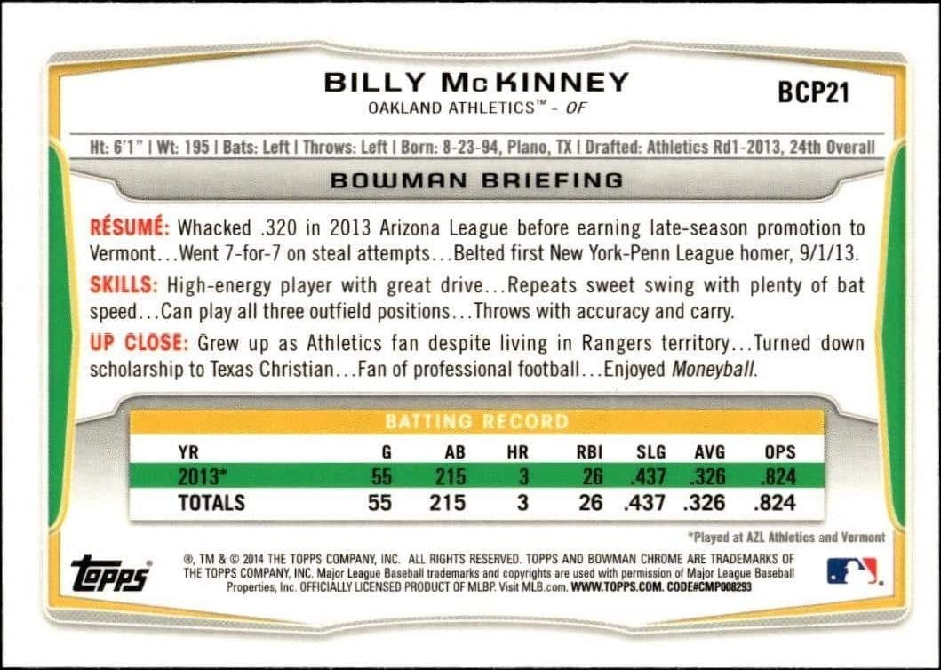 2014 Bowman Chrome Billy McKinney #BCP21 baseball trading card back