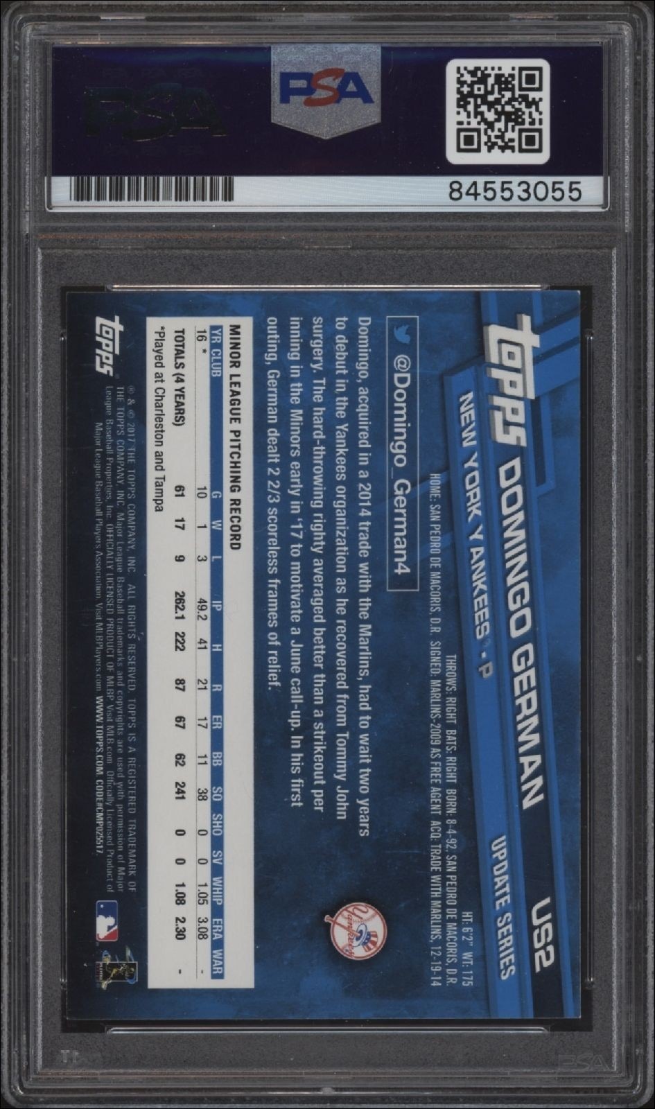 2017 Topps Update Series Domingo German #US2 baseball trading card back