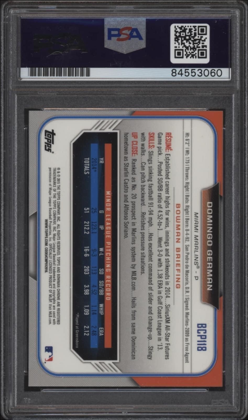 2015 Bowman Chrome Domingo German #BCP118 baseball trading card back
