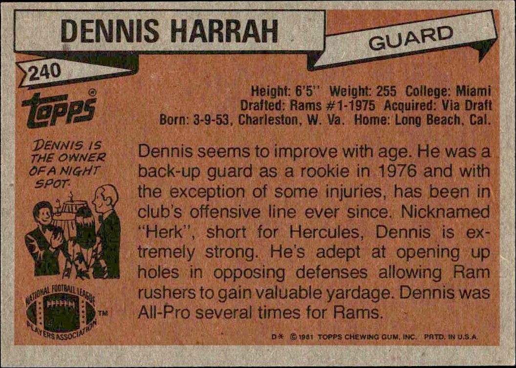 1981 Topps Dennis Harrah #240 football trading card back