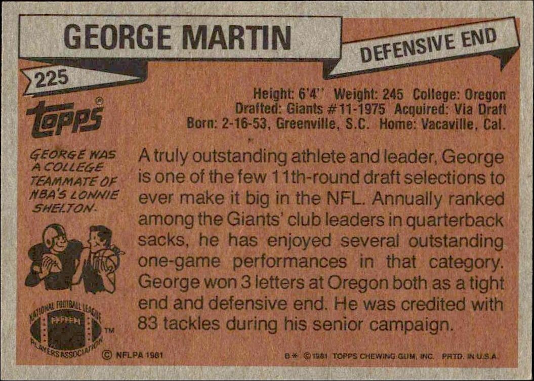 1981 Topps George Martin #225 football trading card back