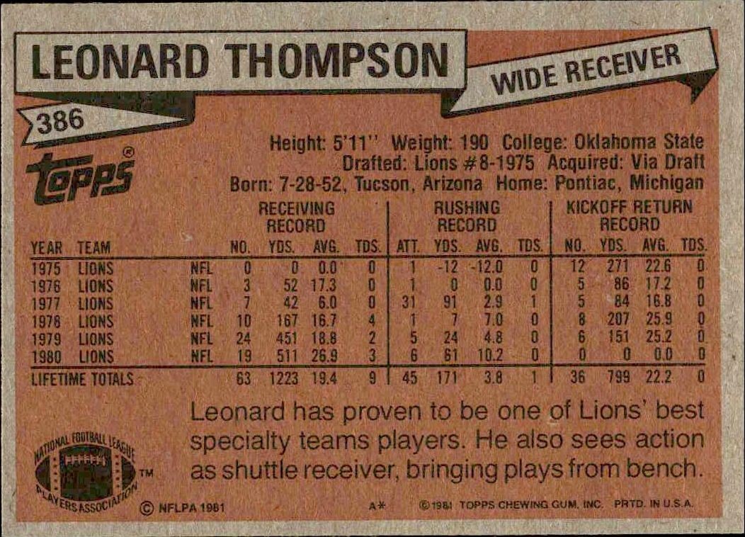 1981 Topps Leonard Thompson #386 football trading card back