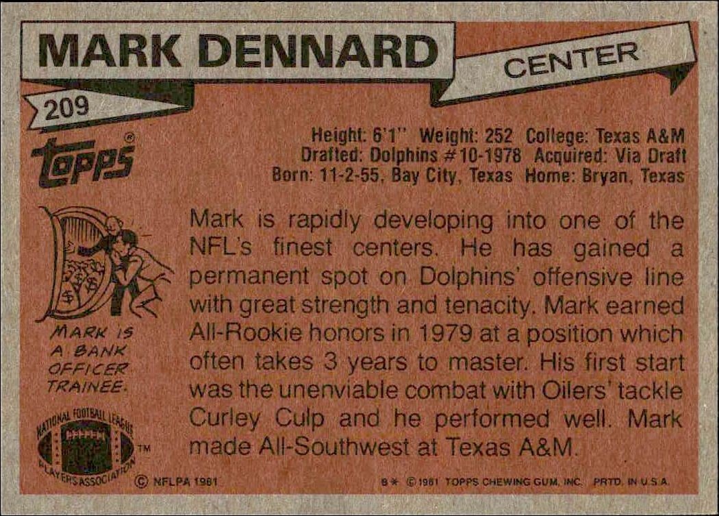1981 Topps Mark Dennard #209 football trading card back