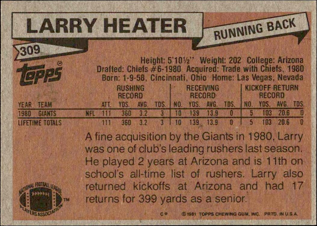 1981 Topps Larry Heater #309 football trading card back