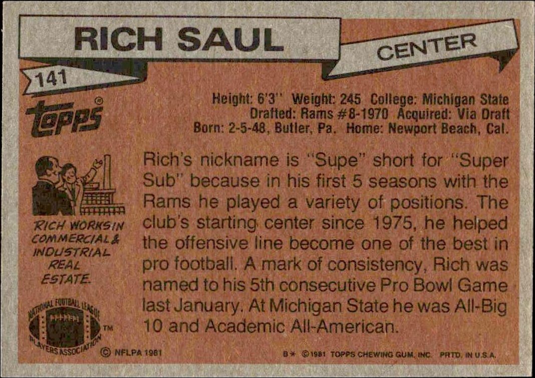 1981 Topps Rich Saul #141 football trading card back