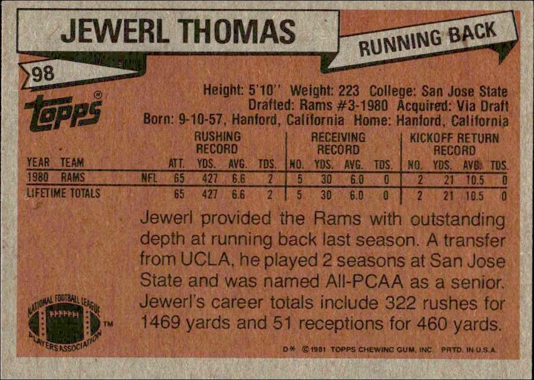 1981 Topps Jewerl Thomas #98 football trading card back
