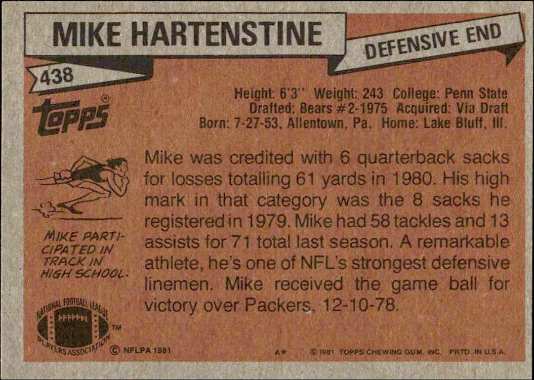 1981 Topps Mike Hartenstine #438 football trading card back