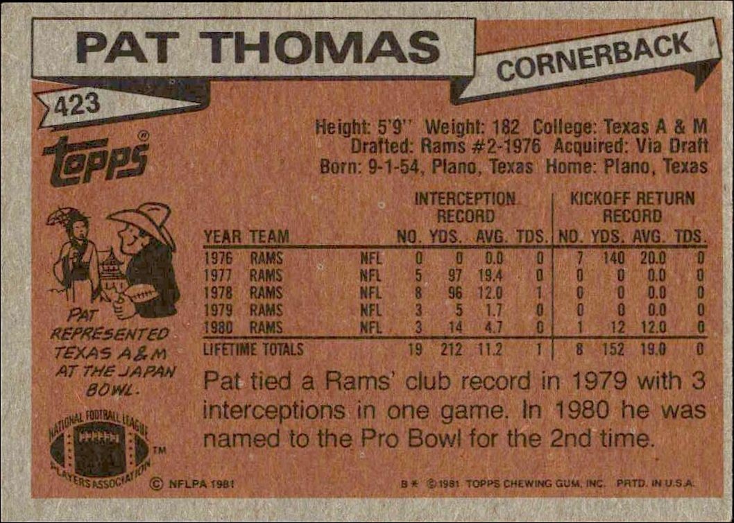 1981 Topps Pat Thomas #423 football trading card back