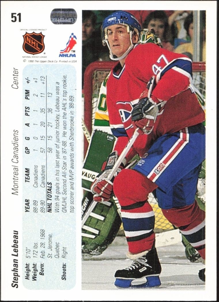 1990-91 Upper Deck Stephan Lebeau #51 hockey trading card back