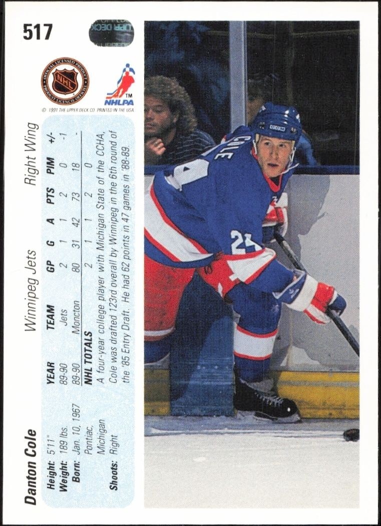1990-91 Upper Deck Danton Cole #517 hockey trading card back