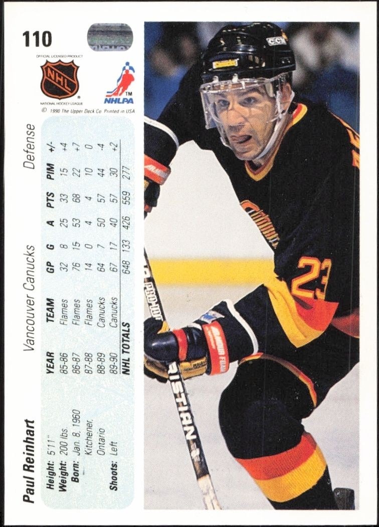 1990-91 Upper Deck Paul Reinhart #110 hockey trading card back