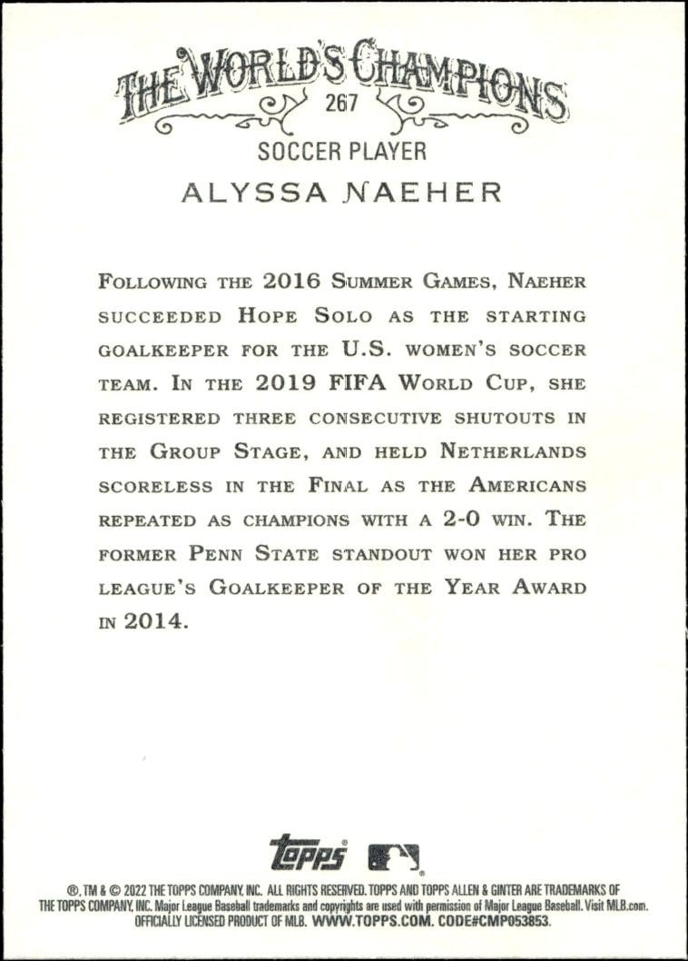 2022 Topps Allen & Ginter Alyssa Naeher #267 baseball trading card back