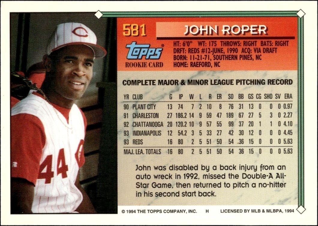 1994 Topps Gold John Roper #581 baseball trading card back