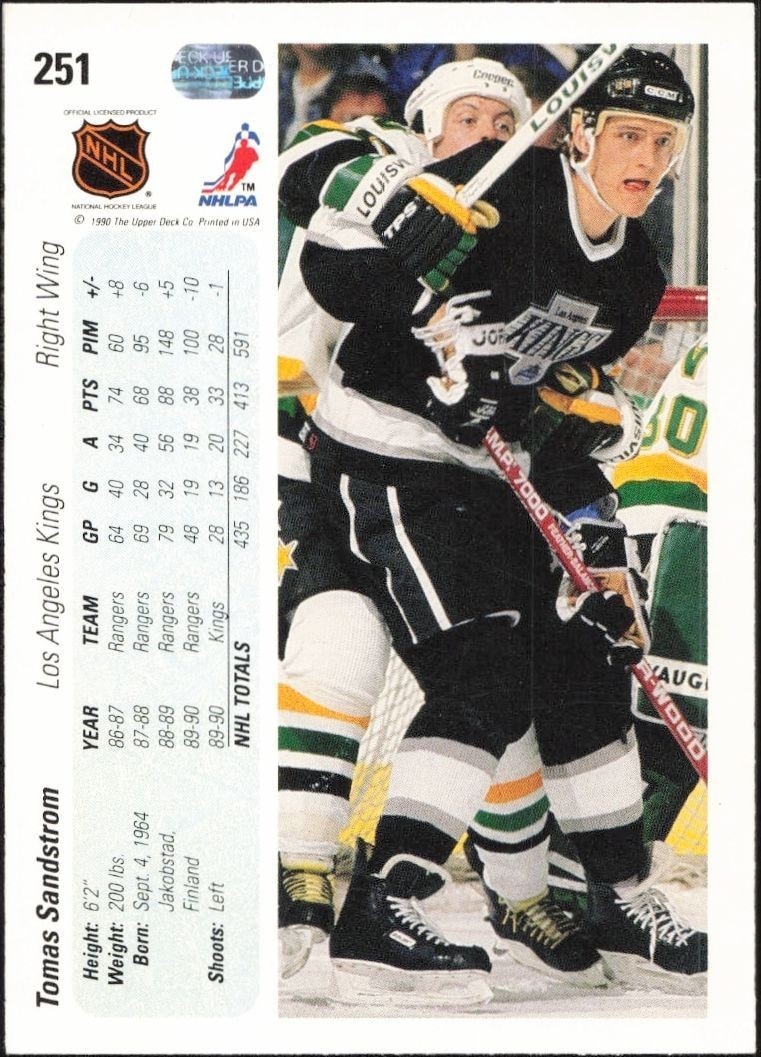 1990-91 Upper Deck Tomas Sandstrom #251 hockey trading card back