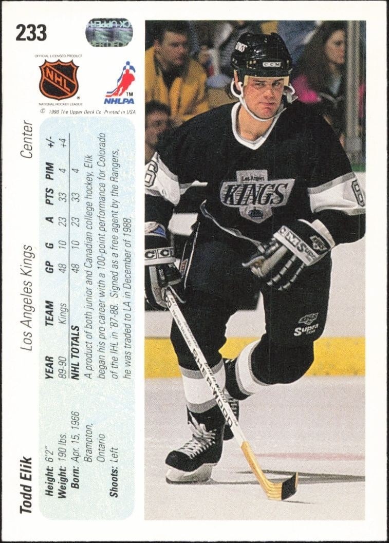 1990-91 Upper Deck Todd Elik #233 hockey trading card back