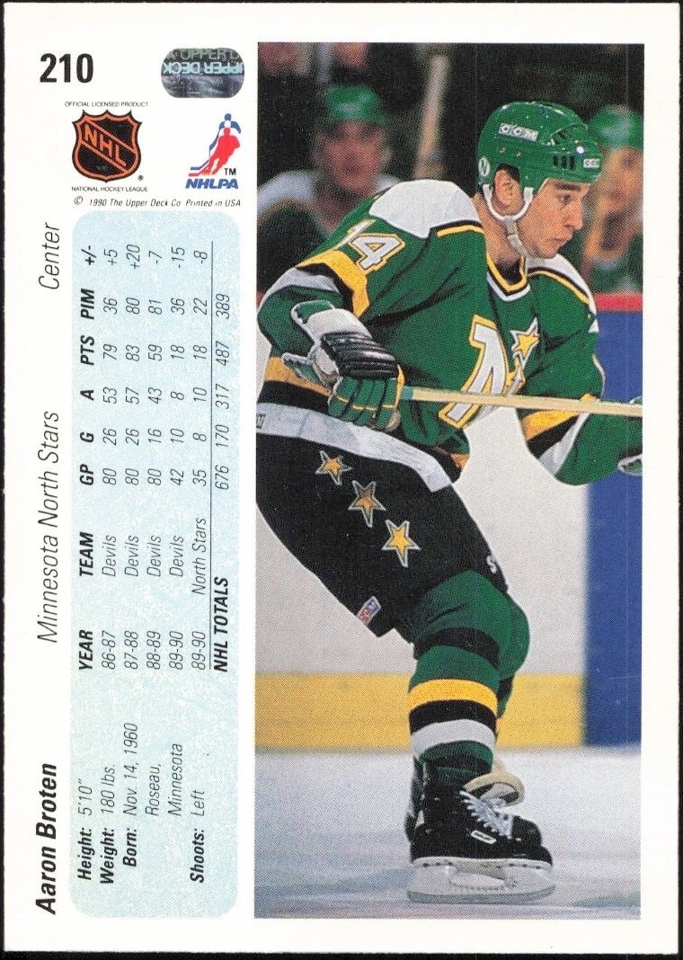 1990-91 Upper Deck Aaron Broten #210 hockey trading card back