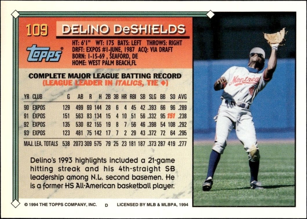 1994 Topps Gold Delino DeShields #109 baseball trading card back