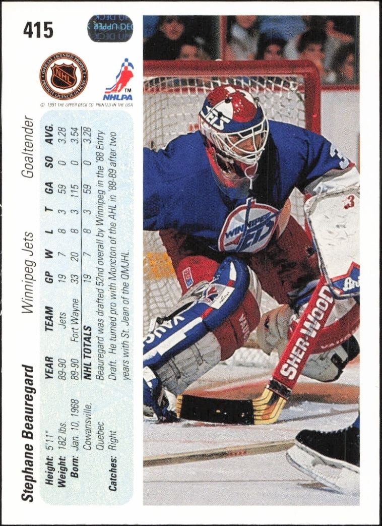 1990-91 Upper Deck Stephane Beauregard #415 hockey trading card back