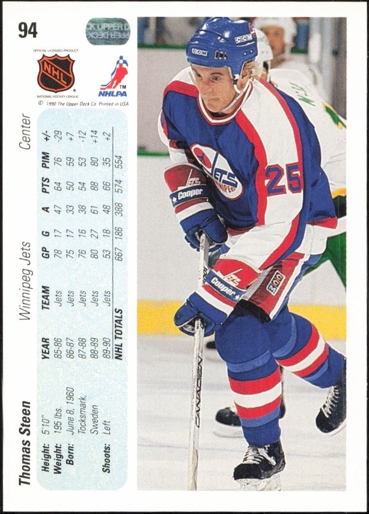 1990-91 Upper Deck Thomas Steen #94 hockey trading card back