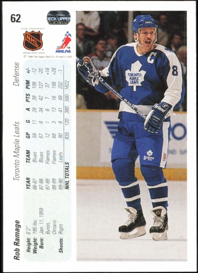 1990-91 Upper Deck Rob Ramage #62 hockey trading card back
