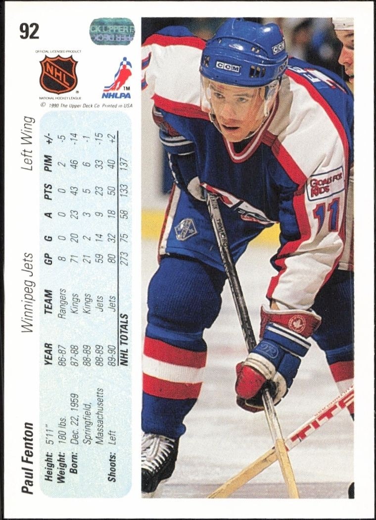 1990-91 Upper Deck Paul Fenton #92 hockey trading card back