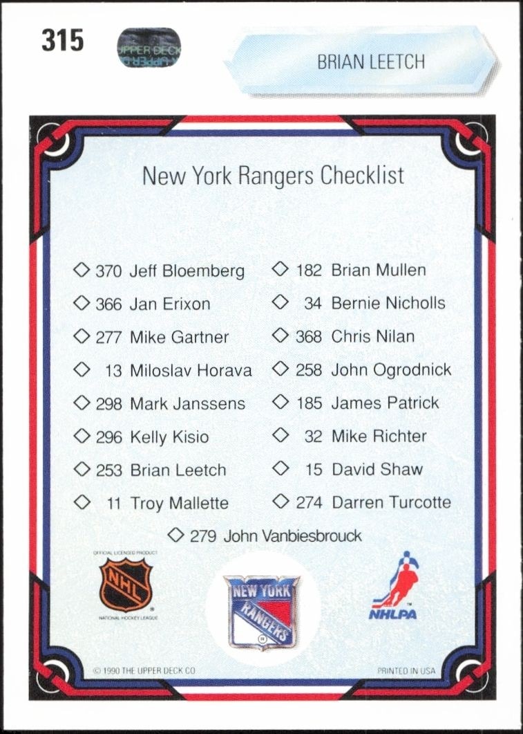 1990-91 Upper Deck Brian Leetch #315 hockey trading card back