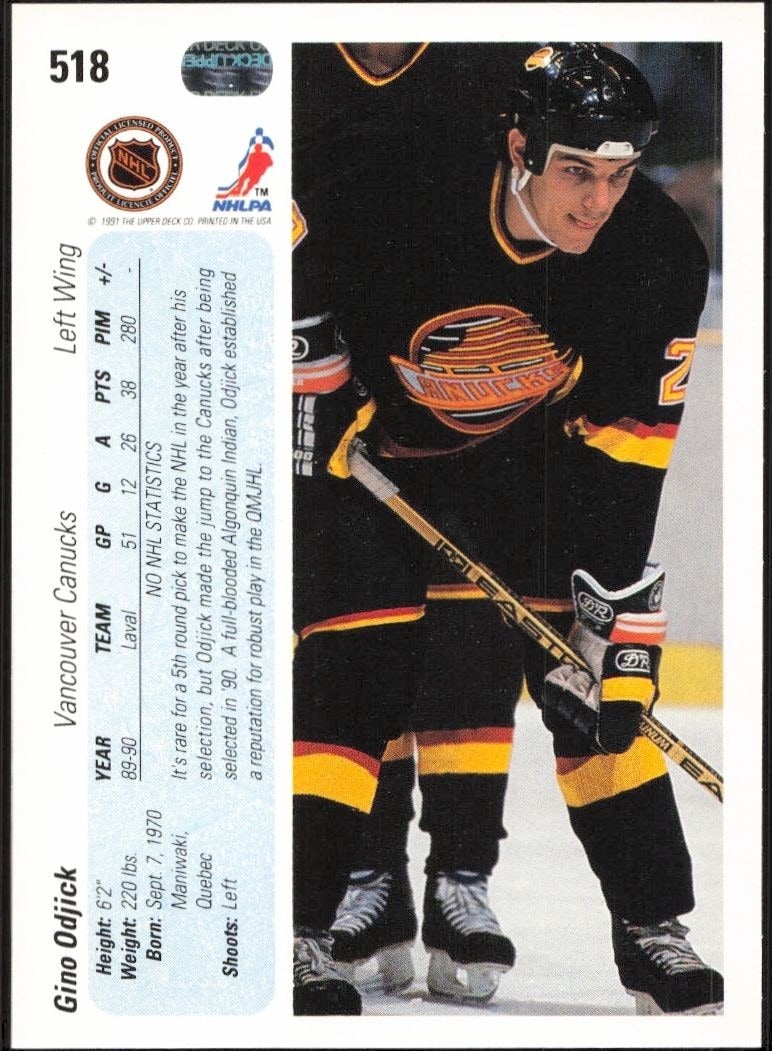 1990-91 Upper Deck Gino Odjick #518 hockey trading card back
