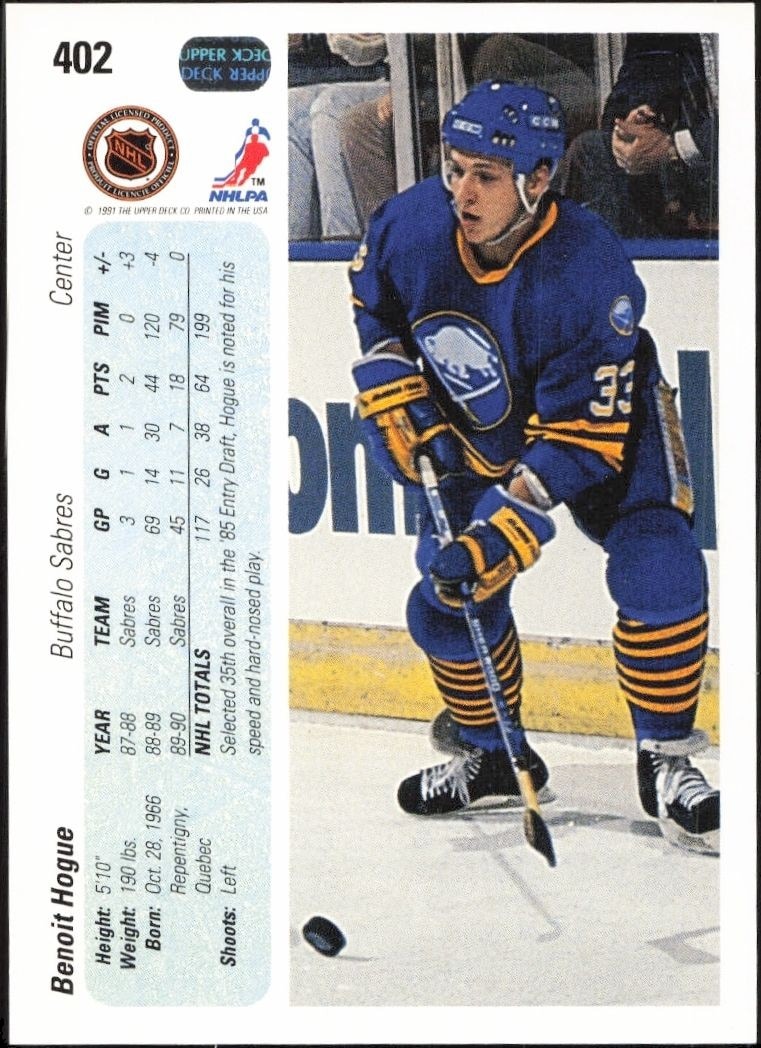 1990-91 Upper Deck Benoit Hogue #402 hockey trading card back
