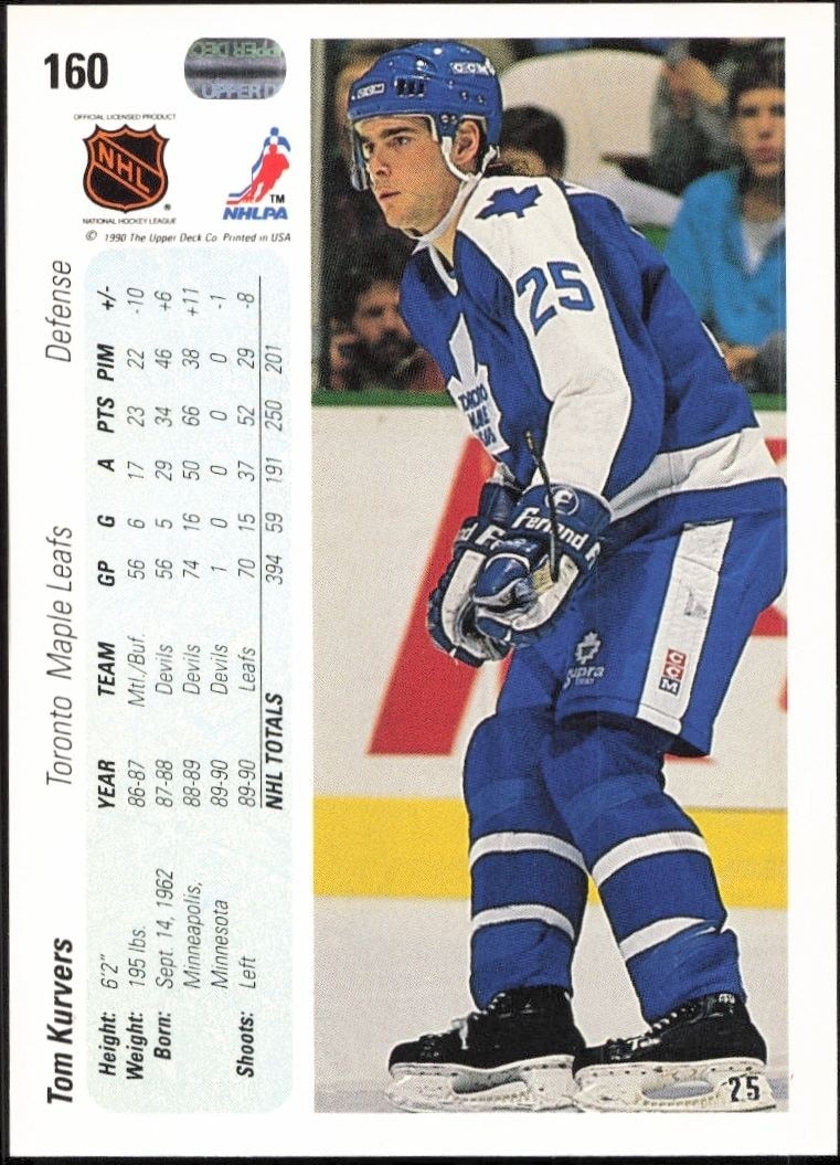 1990-91 Upper Deck Tom Kurvers #160 hockey trading card back
