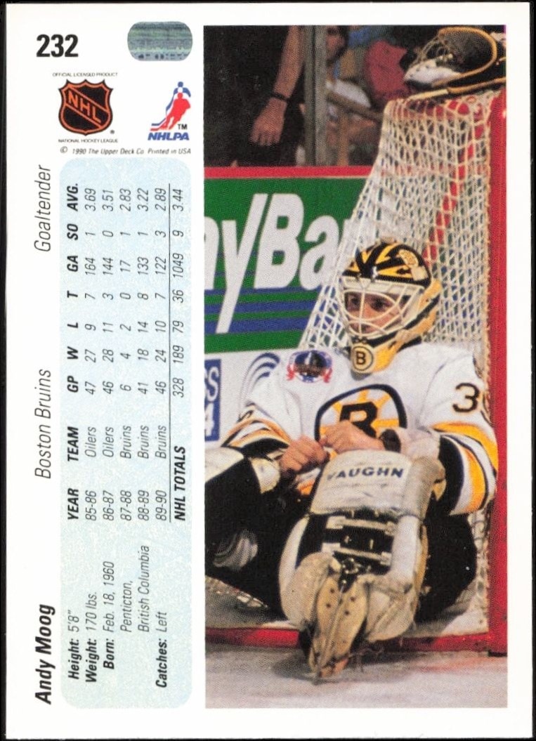 1990-91 Upper Deck Andy Moog #232 hockey trading card back