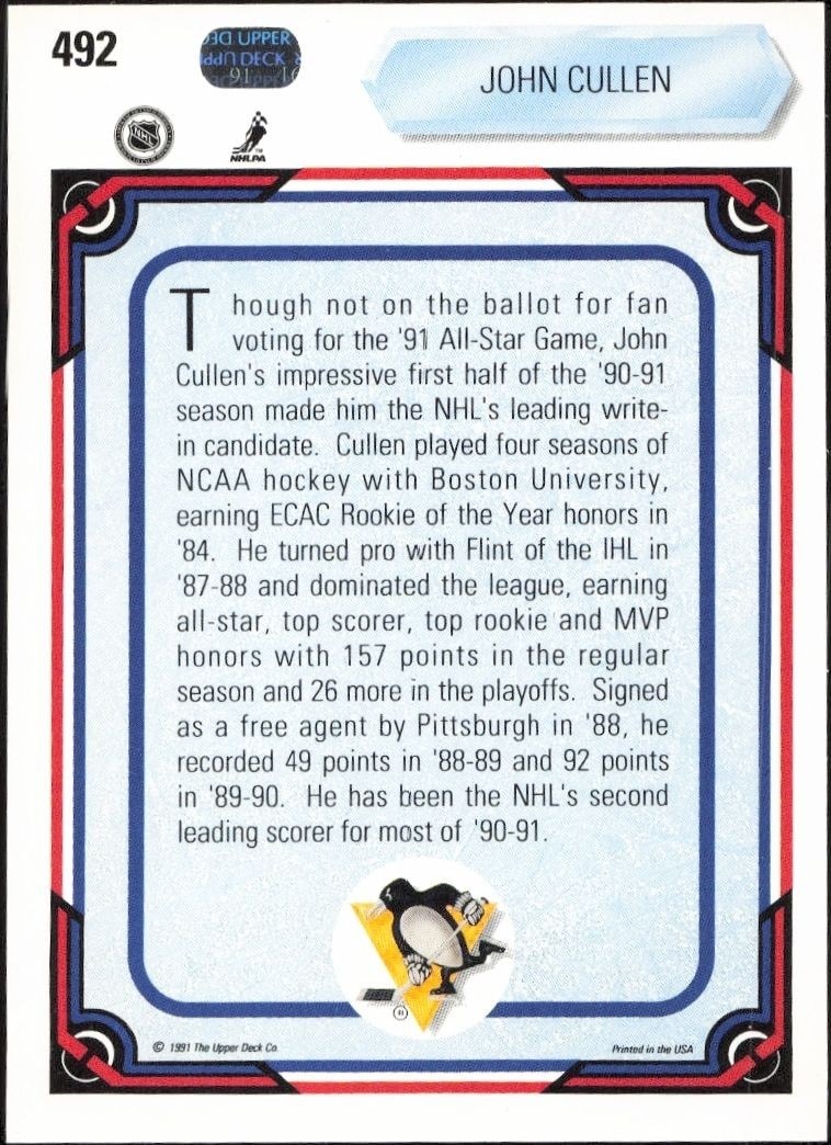 1990-91 Upper Deck John Cullen #492 hockey trading card back
