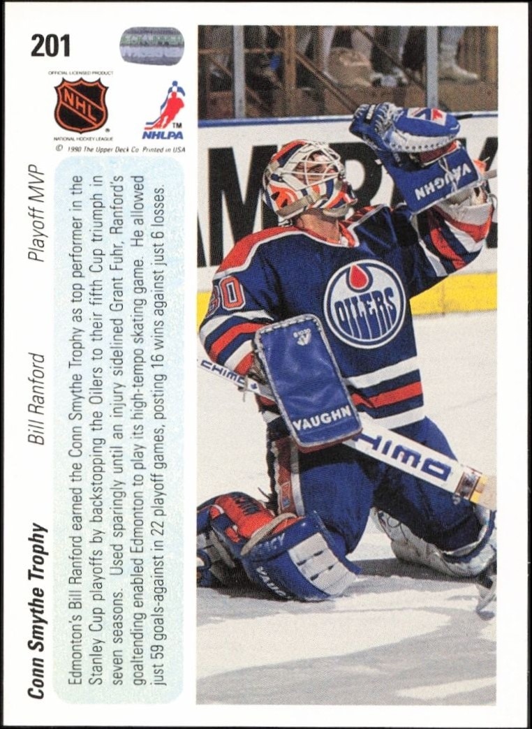 1990-91 Upper Deck Bill Ranford #201 hockey trading card back