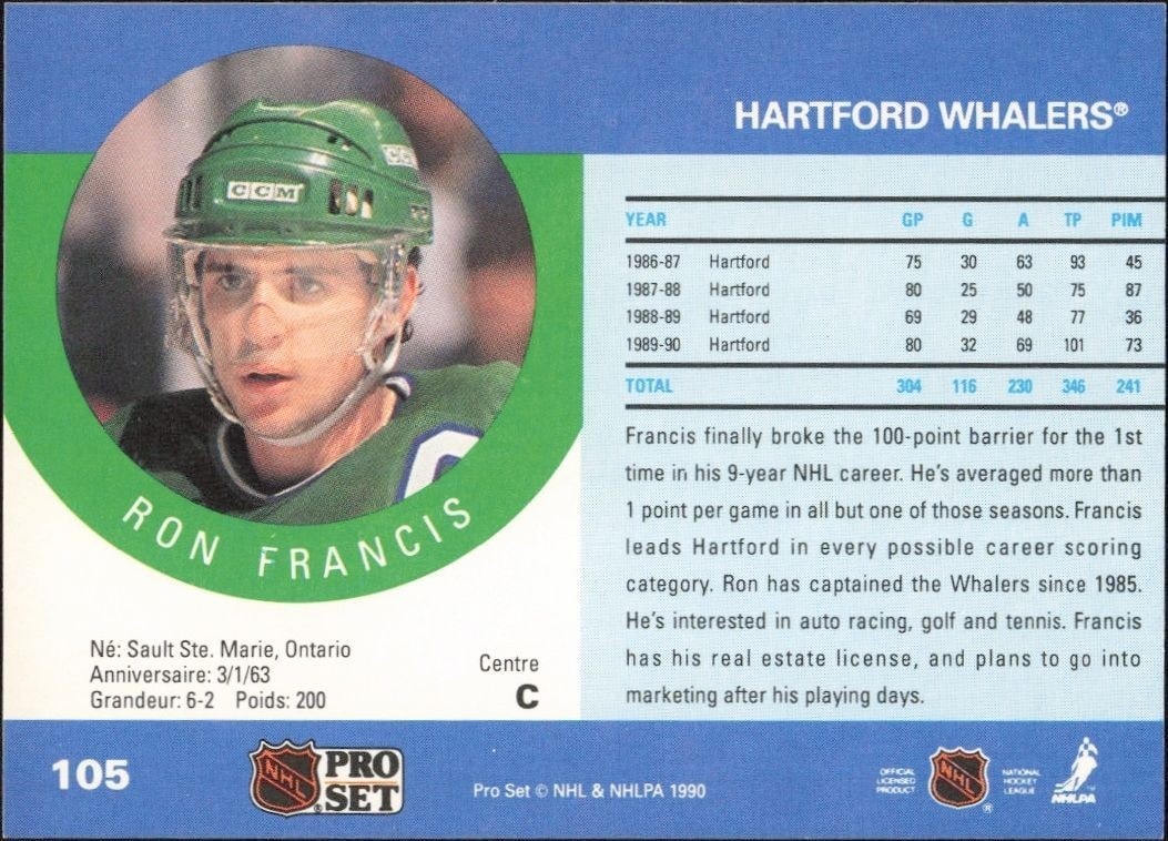 1990-91 Pro Set Ron Francis #105 hockey trading card back