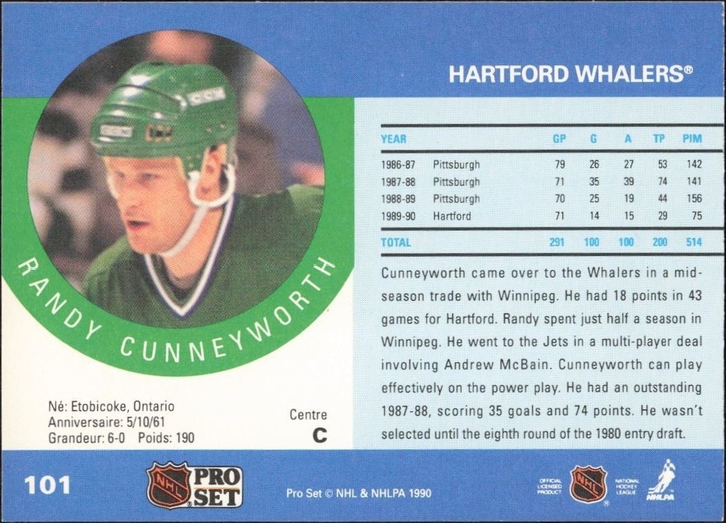 1990-91 Pro Set Randy Cunneyworth #101 hockey trading card back