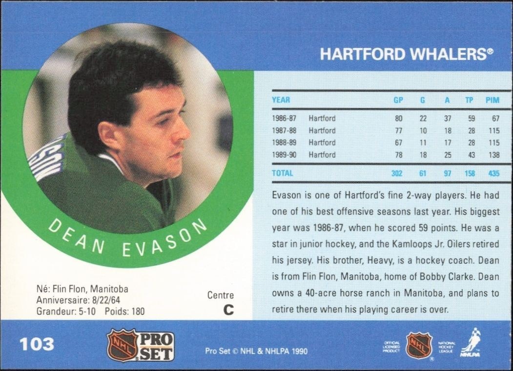 1990-91 Pro Set Dean Evason #103 hockey trading card back