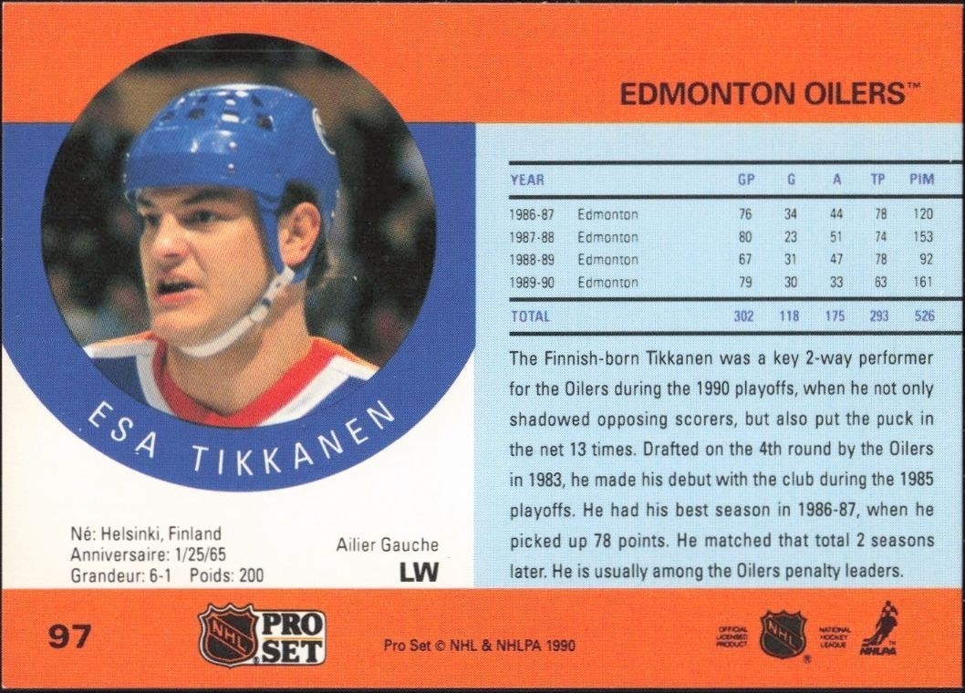1990-91 Pro Set Esa Tikkanen #97 hockey trading card back